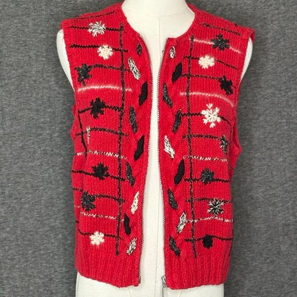Sigrid Olsen Sport Vintage Embroidered Red Snowflake Zipper Vest Womens Medium - Picture 9 of 12